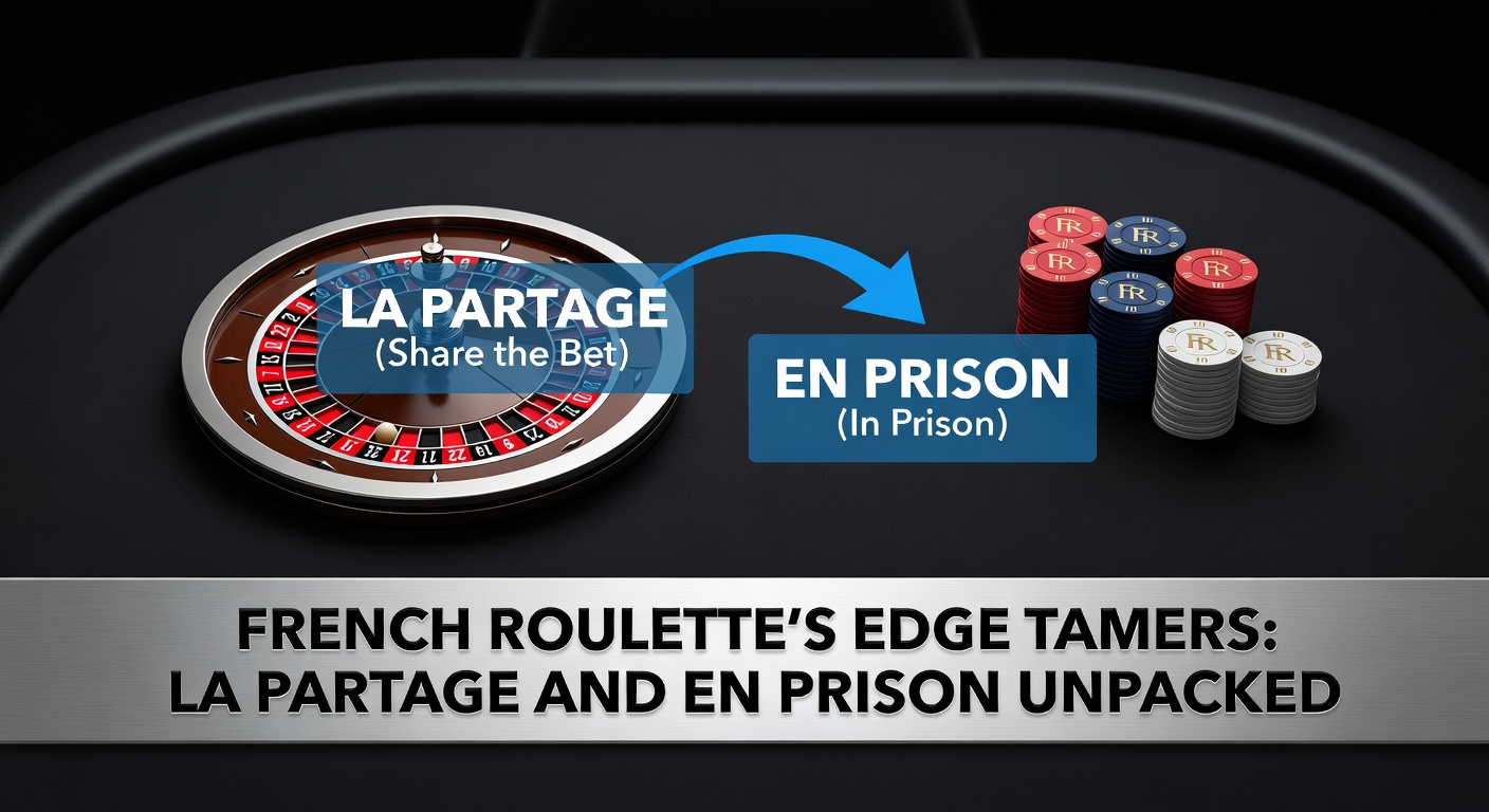 A vibrant French roulette table with the wheel prominently displaying the single zero and even-money bet sections highlighted, capturing the essence of La Partage and En Prison rules in action