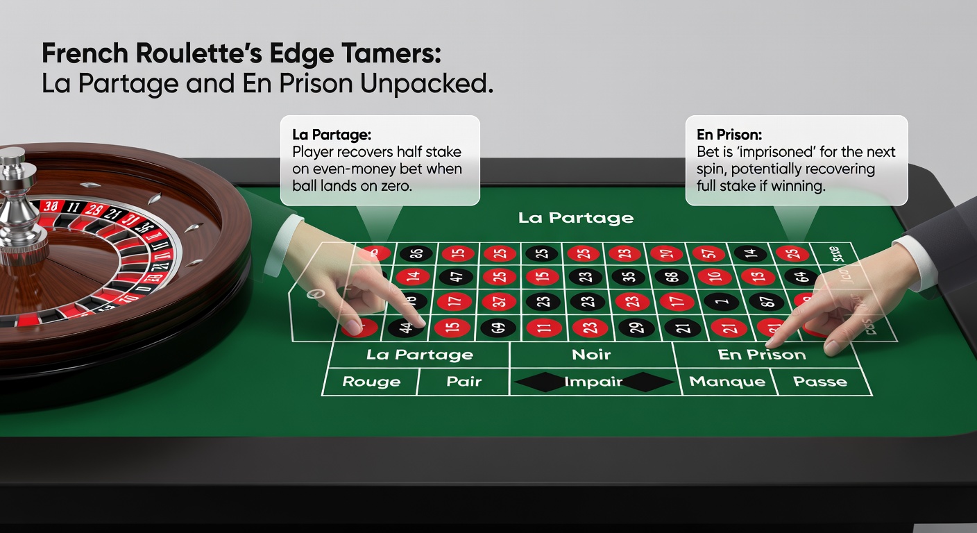 Close-up of a roulette chip stack on an even-money bet area next to the zero pocket, illustrating the moment La Partage or En Prison activates with chips poised for refund or imprisonment