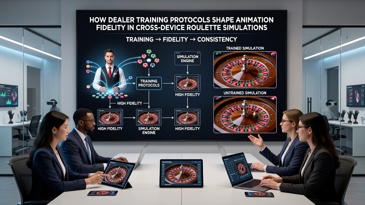Technician reviewing motion capture data from trained dealer sequences for cross-device animation calibration