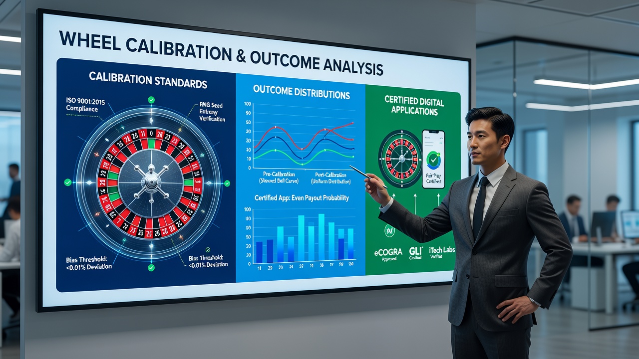 Technical diagram illustrating RNG calibration process and resulting probability distributions in digital roulette