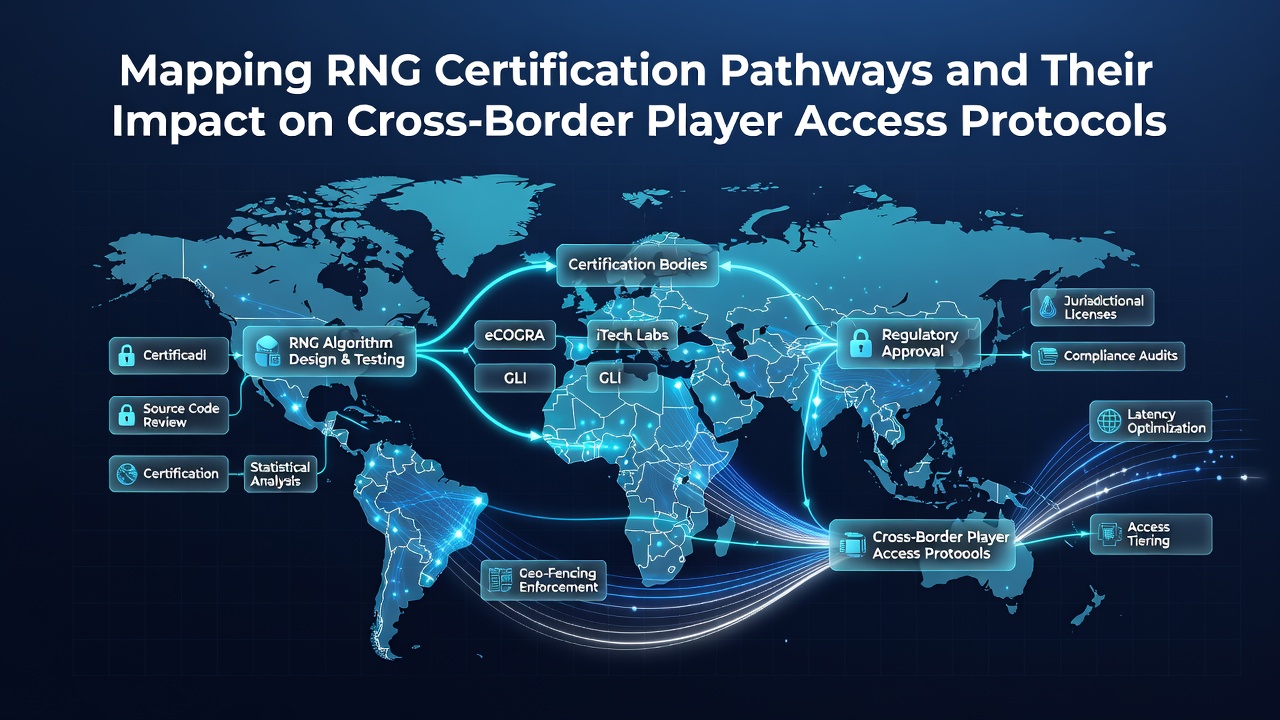 Diagram illustrating RNG certification pathways across multiple international gaming jurisdictions with arrows showing cross-border player access flows