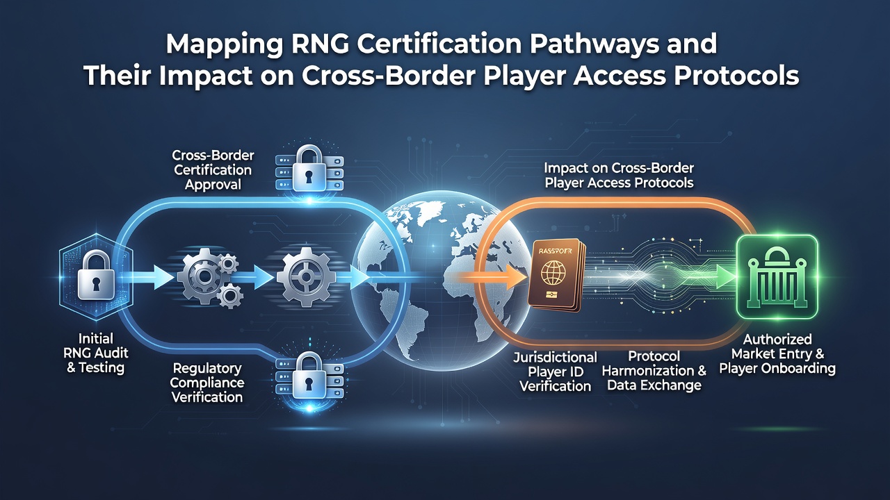 Flowchart showing how RNG certification status determines player eligibility across different countries adn regulatory zones