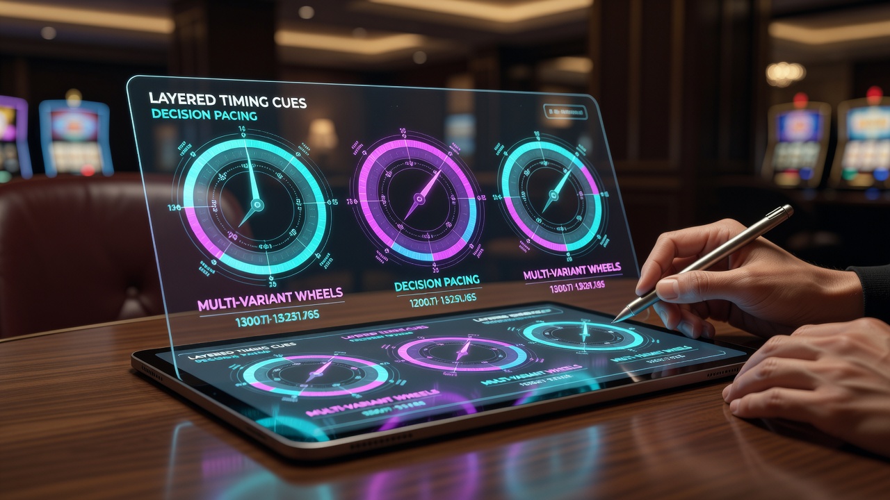 Layered visual timing elements displayed across multiple wheel variants on a portable device screen during simulation testing