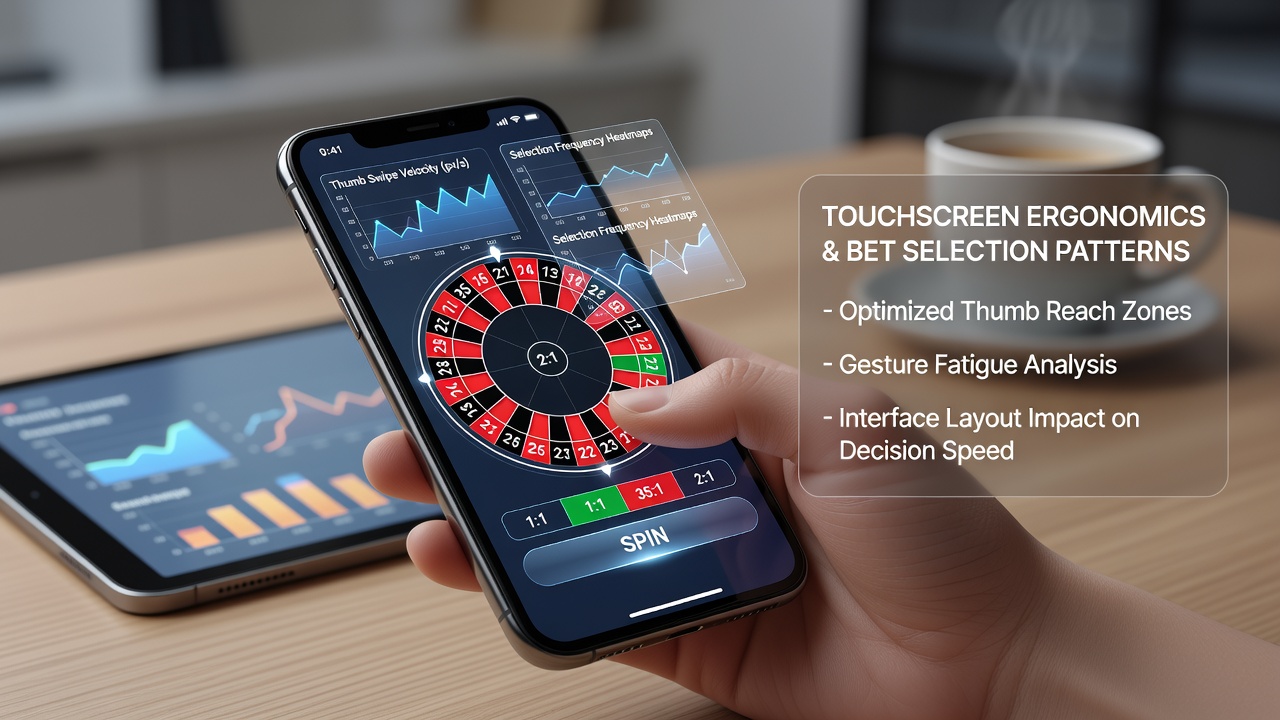 Close-up view of a user's hand interacting with a mobile roulette betting grid, illustrating natural thumb positioning and touch target sizes